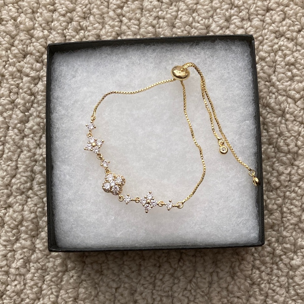 NEW Bejeweled Adjustable Gold Plated Bracelet Slider Floral Cubic Zirconia NIB